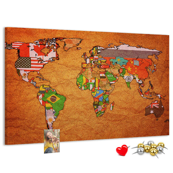 Tablero de anuncios mapa del mundo con banderas de países