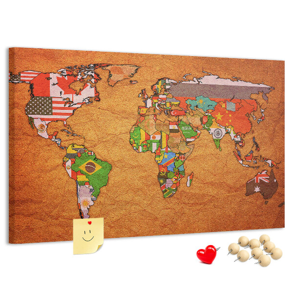 Tablero de anuncios mapa del mundo con banderas de países