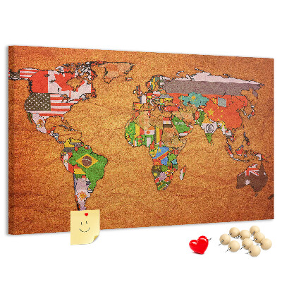 Tablero de anuncios mapa del mundo con banderas de países