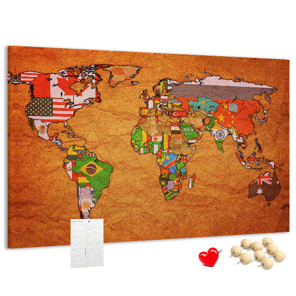 Tablero de anuncios mapa del mundo con banderas de países