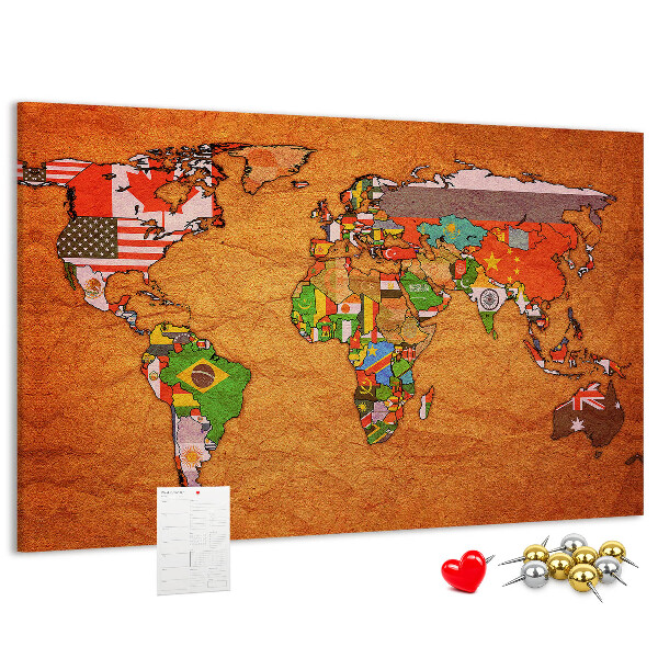 Tablero de anuncios mapa del mundo con banderas de países