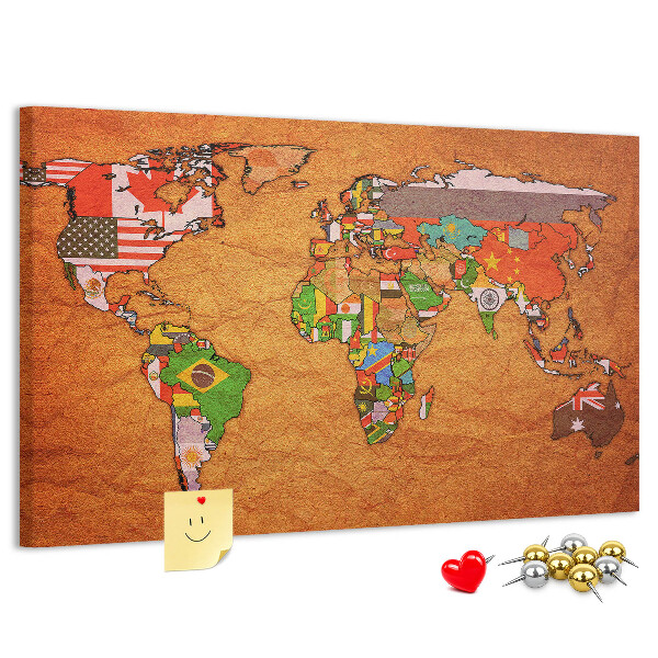 Tablero de anuncios mapa del mundo con banderas de países