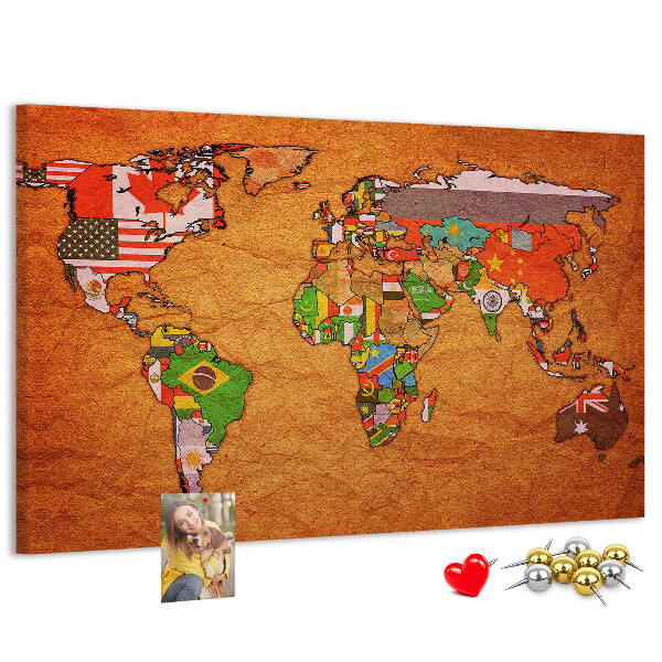 Tablero de anuncios mapa del mundo con banderas de países