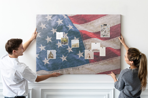Tablero de corcho decorado Bandera estadounidense con estrellas prominentes.