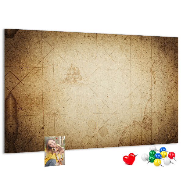 Tablero de corcho decorado diseño de mapa antiguo con puntos marcados