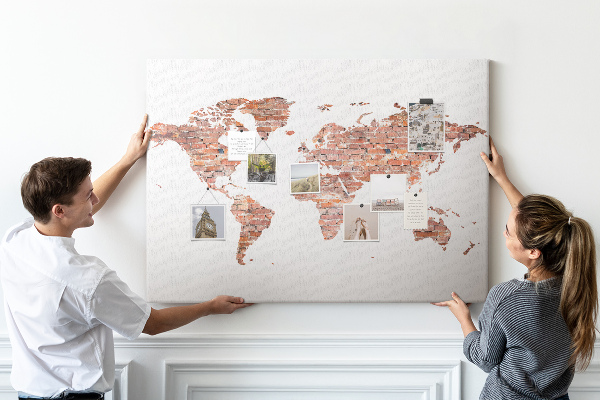 Pizarra de corcho mapa del mundo con estilo de ladrillo