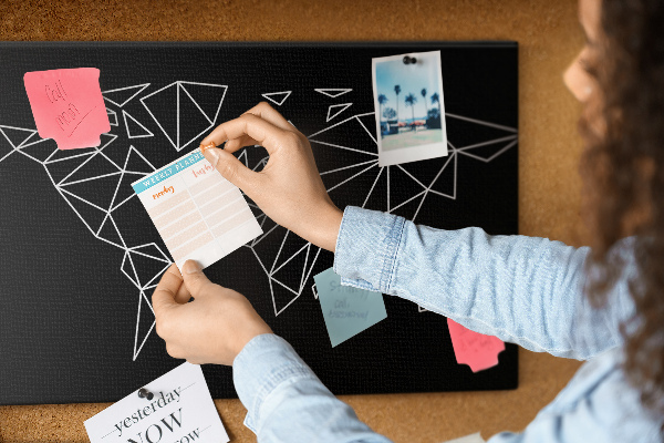 Tablero de corcho decorativo con diseño de geometría del mundo en contornos blancos