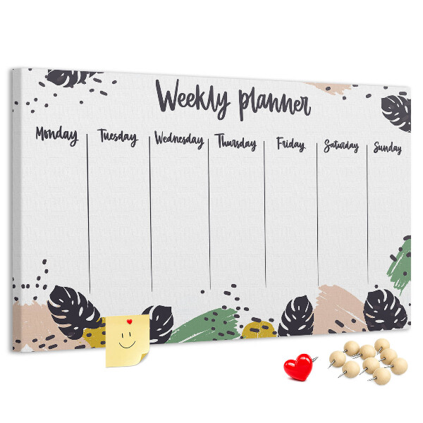 Pizarra de corcho con diseño de hojas tropicales para planificación semanal