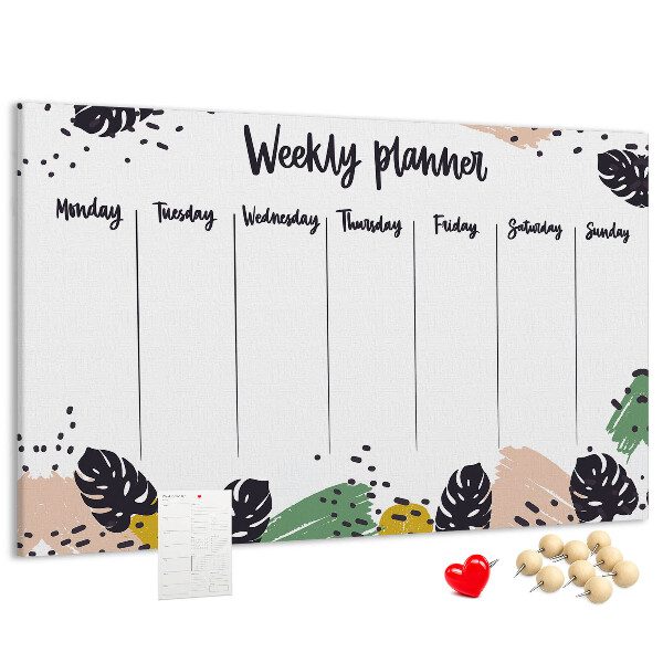 Pizarra de corcho con diseño de hojas tropicales para planificación semanal