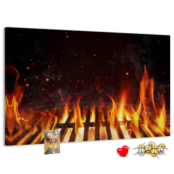 Pizarra de corcho con diseño de parrilla y fuegos ardientes