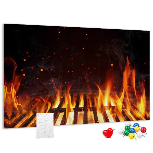 Pizarra de corcho con diseño de parrilla y fuegos ardientes