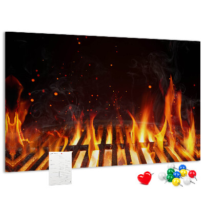 Pizarra de corcho con diseño de parrilla y fuegos ardientes