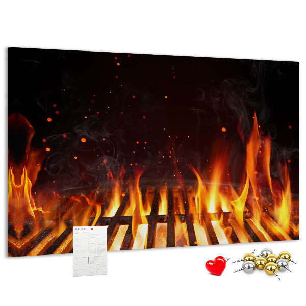 Pizarra de corcho con diseño de parrilla y fuegos ardientes