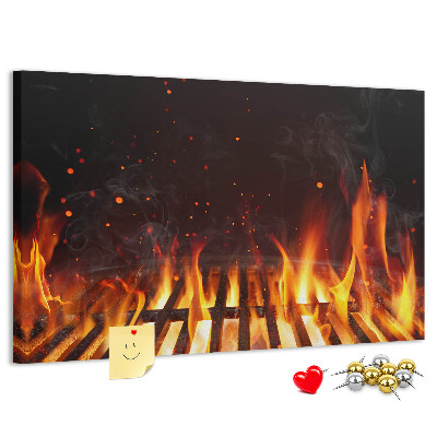 Pizarra de corcho con diseño de parrilla y fuegos ardientes