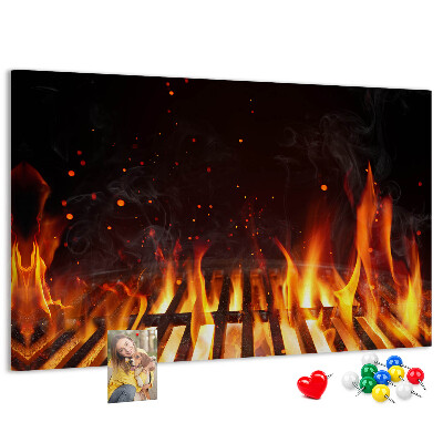 Pizarra de corcho con diseño de parrilla y fuegos ardientes