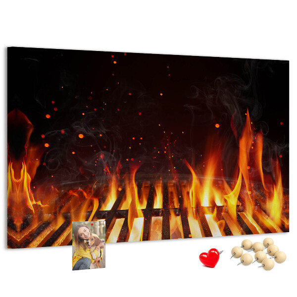 Pizarra de corcho con diseño de parrilla y fuegos ardientes