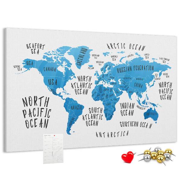 Tablero de anuncios mapamundi con los nombres de los océanos y los países