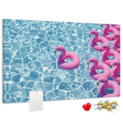 Pizarra de corcho Flamencos rosados ​​contra el agua azul