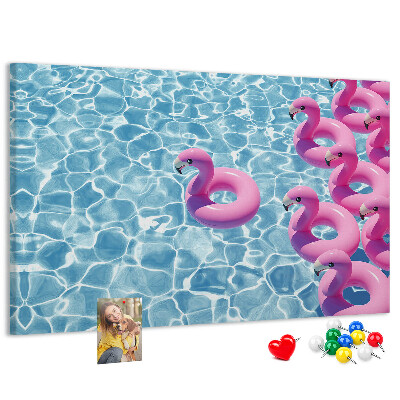 Pizarra de corcho Flamencos rosados ​​contra el agua azul