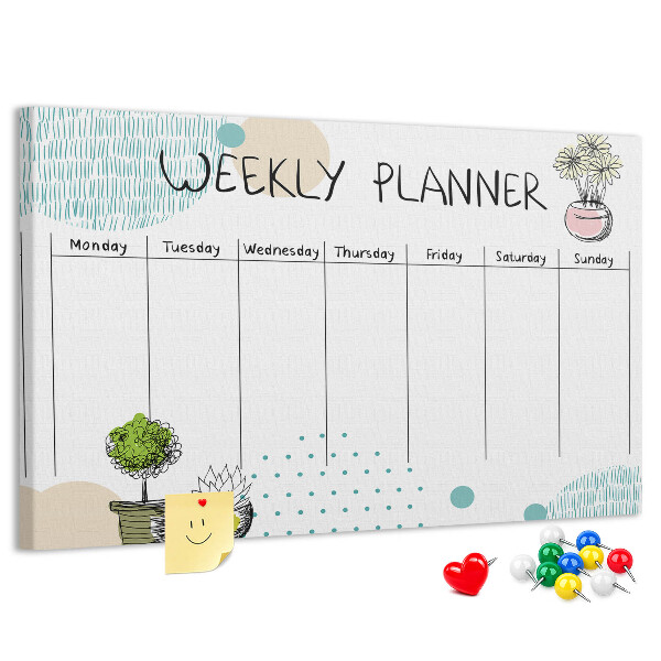 Tablero de corcho decorativo planificador semanal con diseño de plantas coloridas