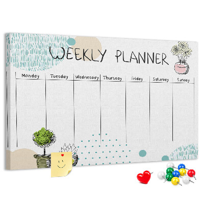Tablero de corcho decorativo planificador semanal con diseño de plantas coloridas