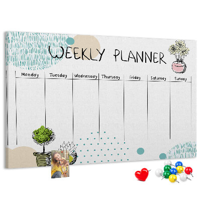 Tablero de corcho decorativo planificador semanal con diseño de plantas coloridas