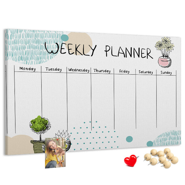 Tablero de corcho decorativo planificador semanal con diseño de plantas coloridas