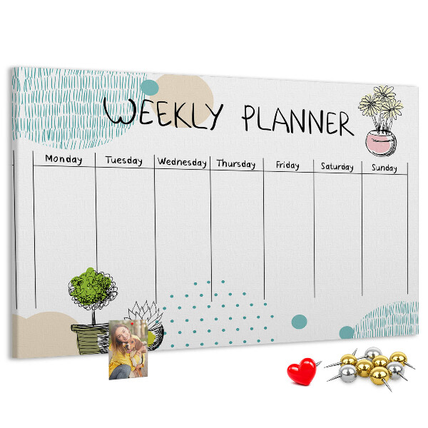 Tablero de corcho decorativo planificador semanal con diseño de plantas coloridas