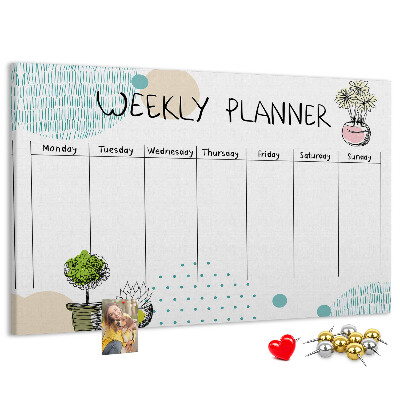 Tablero de corcho decorativo planificador semanal con diseño de plantas coloridas