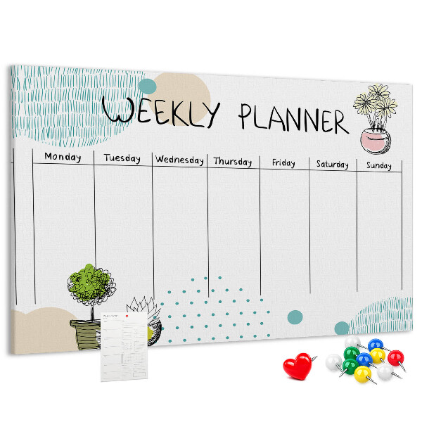 Tablero de corcho decorativo planificador semanal con diseño de plantas coloridas