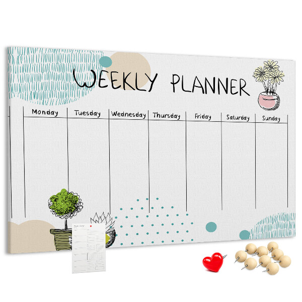 Tablero de corcho decorativo planificador semanal con diseño de plantas coloridas