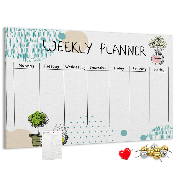 Tablero de corcho decorativo planificador semanal con diseño de plantas coloridas