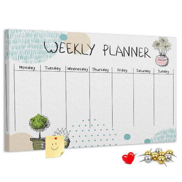 Tablero de corcho decorativo planificador semanal con diseño de plantas coloridas