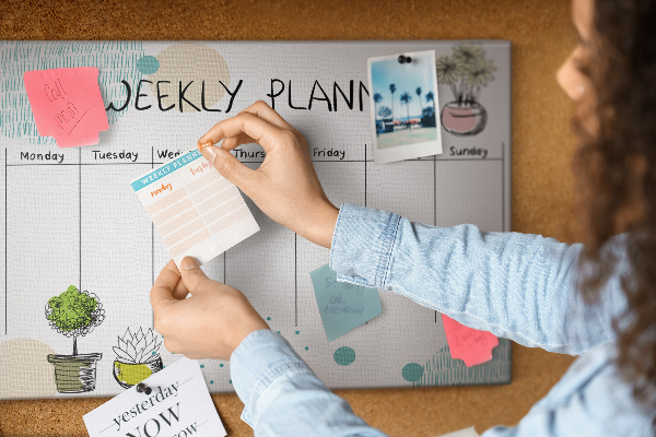 Tablero de corcho decorativo planificador semanal con diseño de plantas coloridas