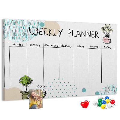Tablero de corcho decorativo planificador semanal con diseño de plantas coloridas
