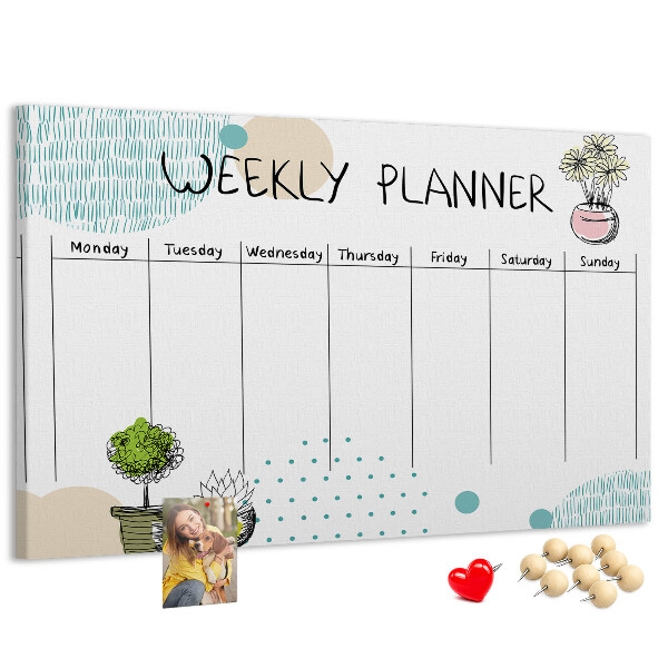 Tablero de corcho decorativo planificador semanal con diseño de plantas coloridas