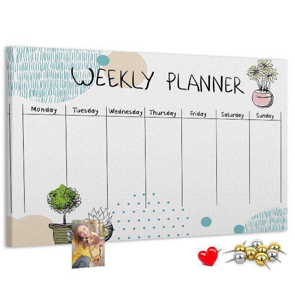 Tablero de corcho decorativo planificador semanal con diseño de plantas coloridas