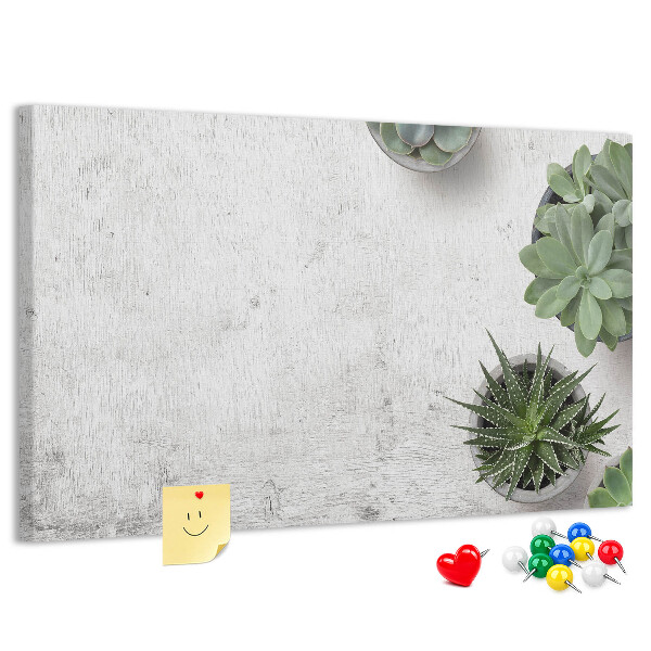 Tablero de corcho decorado plantas en maceta sobre un fondo gris