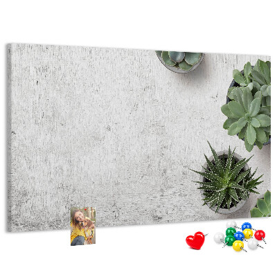 Tablero de corcho decorado plantas en maceta sobre un fondo gris