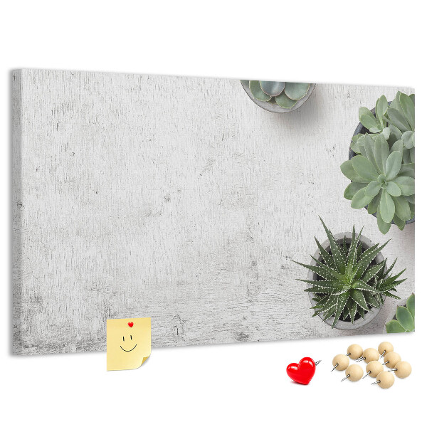 Tablero de corcho decorado plantas en maceta sobre un fondo gris