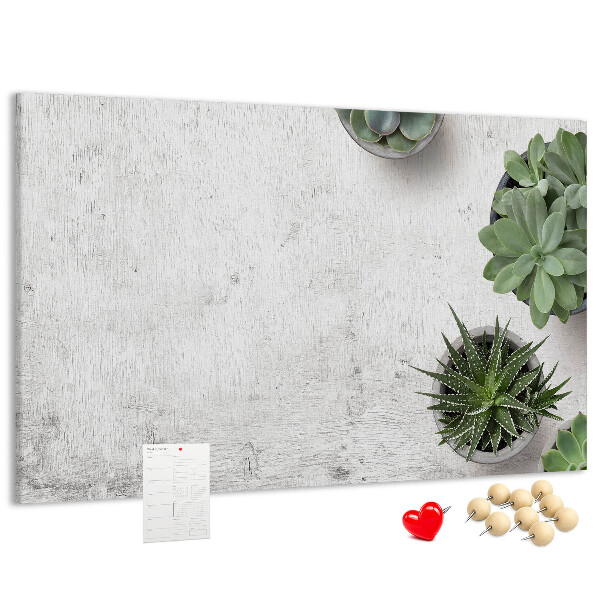 Tablero de corcho decorado plantas en maceta sobre un fondo gris