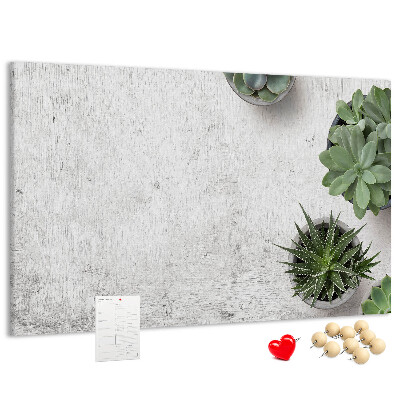 Tablero de corcho decorado plantas en maceta sobre un fondo gris