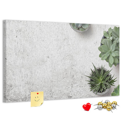 Tablero de corcho decorado plantas en maceta sobre un fondo gris