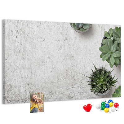 Tablero de corcho decorado plantas en maceta sobre un fondo gris