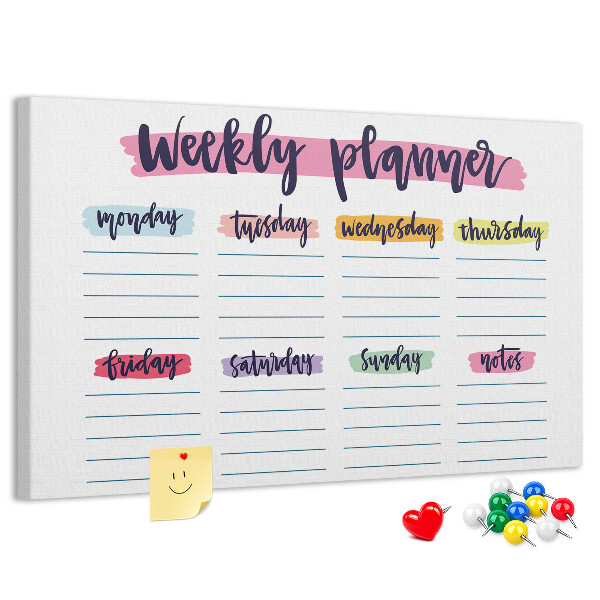 Tablero de corcho decorativo agenda semanal con detalles coloridos