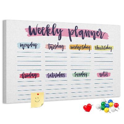 Tablero de corcho decorado Agenda semanal con detalles coloridos.