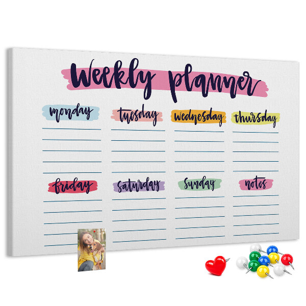 Tablero de corcho decorativo agenda semanal con detalles coloridos