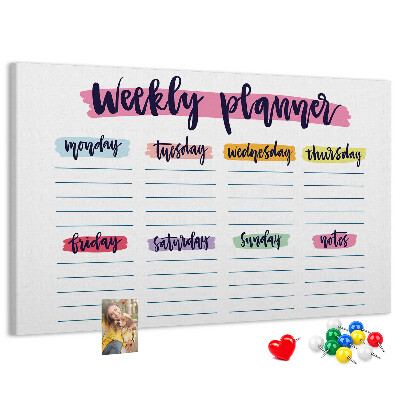 Tablero de corcho decorativo agenda semanal con detalles coloridos