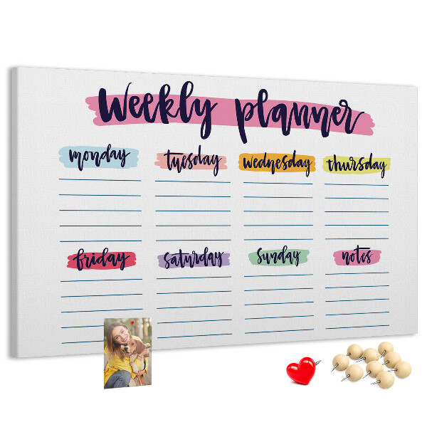 Tablero de corcho decorativo agenda semanal con detalles coloridos
