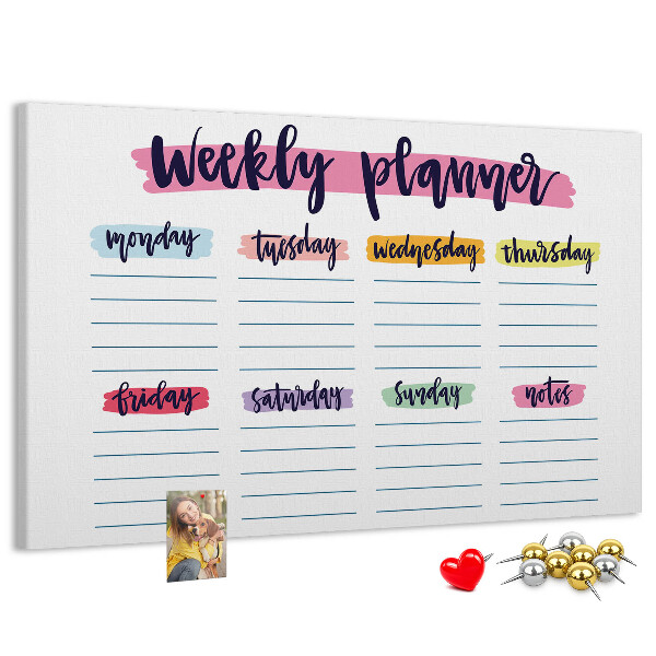 Tablero de corcho decorativo agenda semanal con detalles coloridos